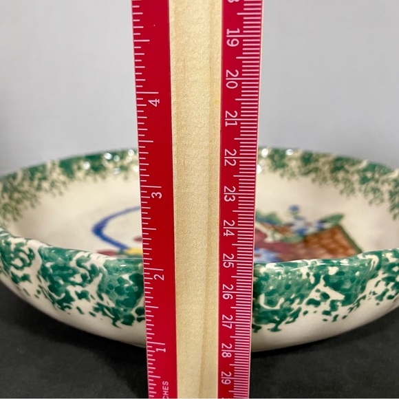 Flower Basket Pie Plate Pottery with Ruffle Edge in Green Sponge Paint 1980’s - Picture 7 of 8